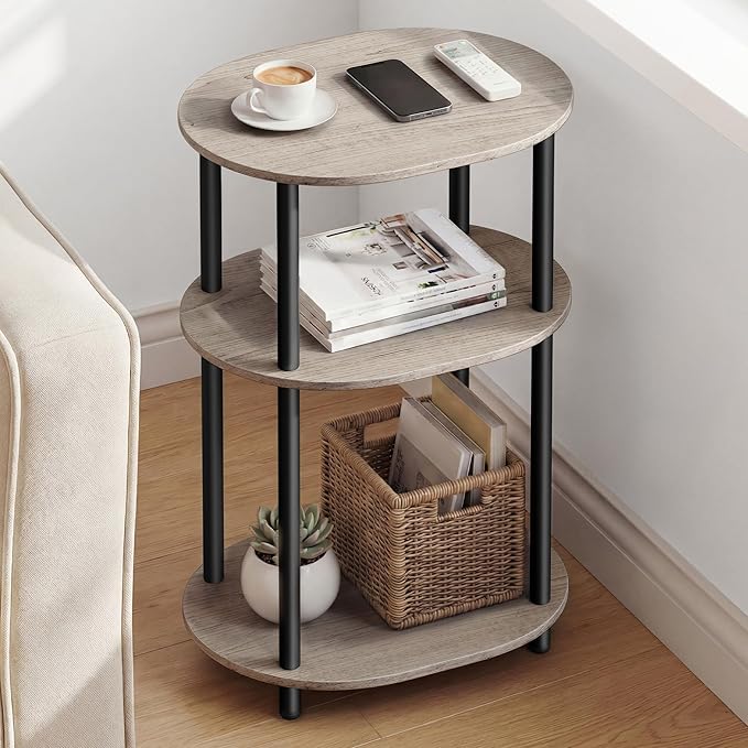 VASAGLE Side Table, Small End Table, Tall Nightstand for Living Room, Bedroom, Office, Bathroom, Steel Frame, Industrial Style, Oval, Heather Greige and Ink Black ULET288L101