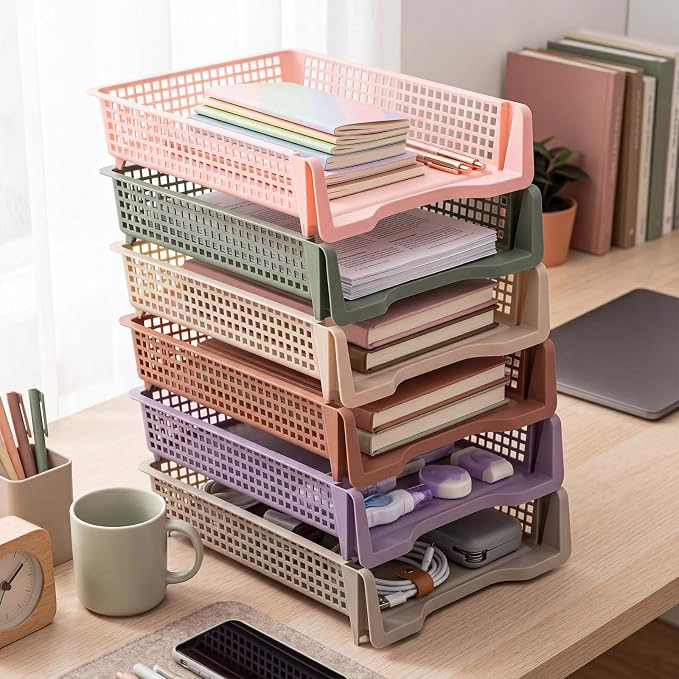 Geetery Set of 6 Plastic Trays for Teachers Turn in Trays Classroom Stackable Paper Tray Plastic Classroom Teachers Desk Letter Organizer Storage Baskets for Office, Desk, Home (Terrazzo Color)