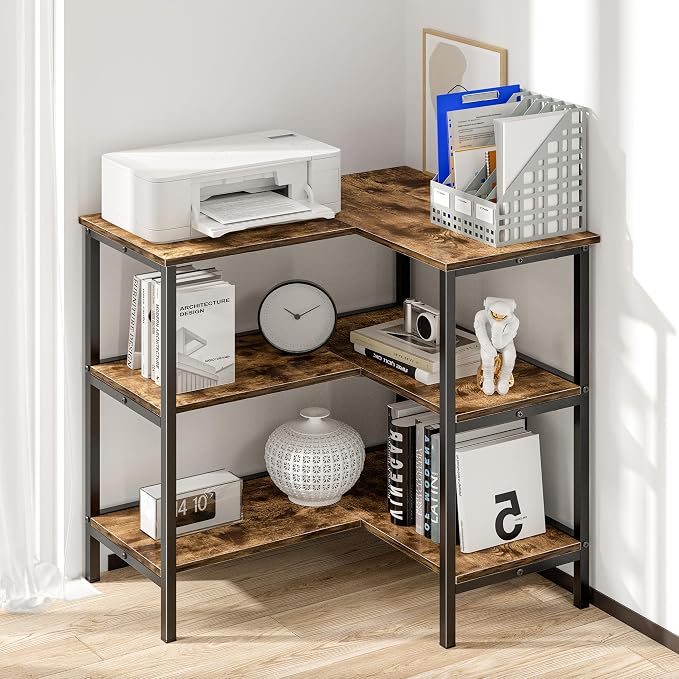 VECELO Corner Cabinet Table with 3 Tier Open Shelf, Multipurpose Display Organizer Storage Stand for Small Space Home Office Kitchen, Brown