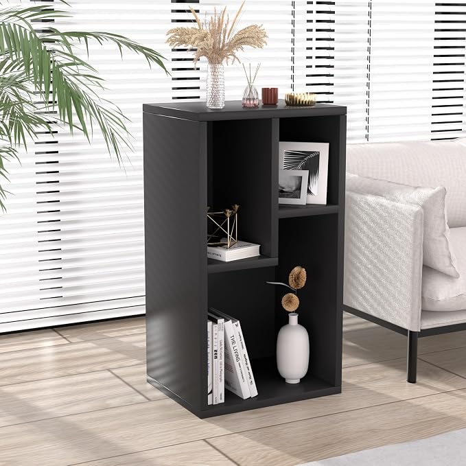 VECELO 11.8" Open Bookshelf, Waterproof Particle Board Asymmetrical Split Cubby Storage Organizer, Black Uneven Compartment Display Cube for Tall Books, Bedroom Dorm Office
