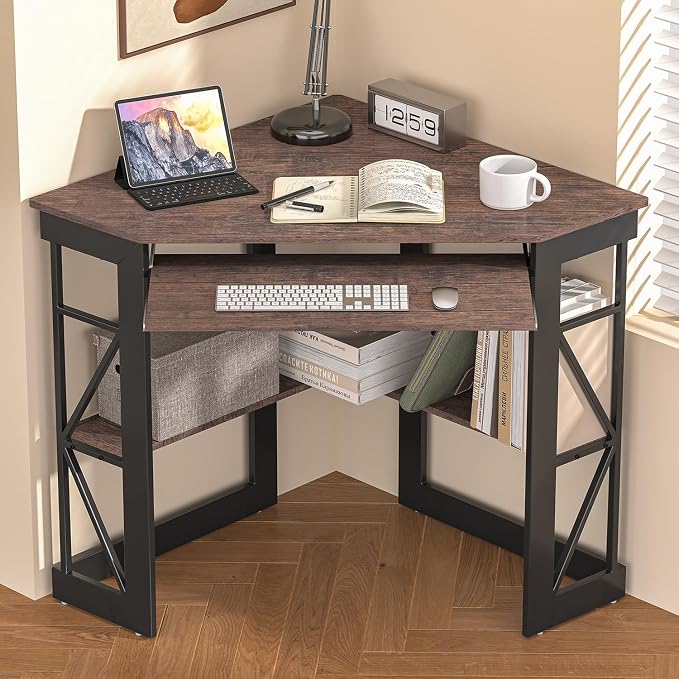 VECELO Corner Desk Computer Desk Writing Table with Smooth Keyboard Tray & Storage Shelves,Compact Home Office Triangle Table,Rustic Brown