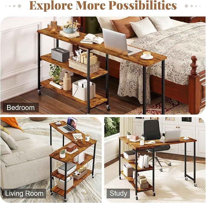 Tangkula Large 360° Free Rotating Sofa Side Table, Patented Mobile Couch Desk with 2-Tier Storage Shelves, Movable Laptop Desk with Sturdy Metal Frame, Extendable Couch Snack Table for Home Office