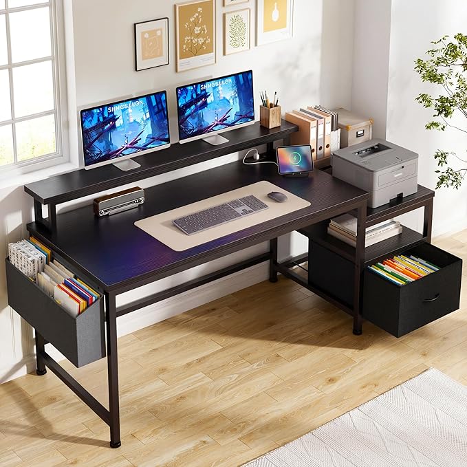 EnHomee 56.5" Black Computer Desk with File Drawers and Printer Space,Office Desk with Power Outlets and Monitor Stand,Gaming Desk,Study Desk, Writing Desk, Bedroom Desk
