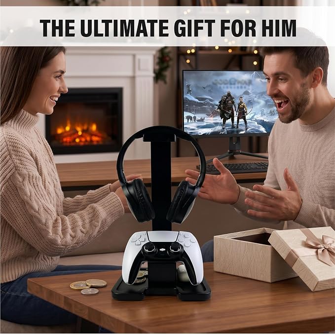 Gaming Accessories Headset Stand with Game Controller Holder & Storage Base, Stylish Gamer Gifts for Men Teenage Boy Headphone Stand, Unique Gifts for Gamers to Organize Gaming Equipment (Black Wood)