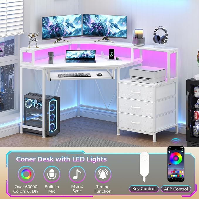 YOMILUVE Small Corner Desk with Drawers, Corner Gaming Desk with Power Outlets & Printer Shelf for Small Space, Triangle Computer Desk with LED Lights, Keyboard Tray and Monitor Stand, White