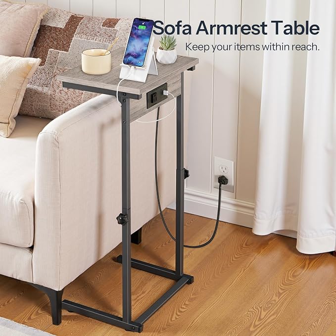 HOOBRO C-Shaped End Table with Charging Station, Adjustable Height Sofa Tray Side Table, Slide Under Couch Arm Table, Small C Side Table for Small Space in Living Room, Bedroom, Greige BG71USF01