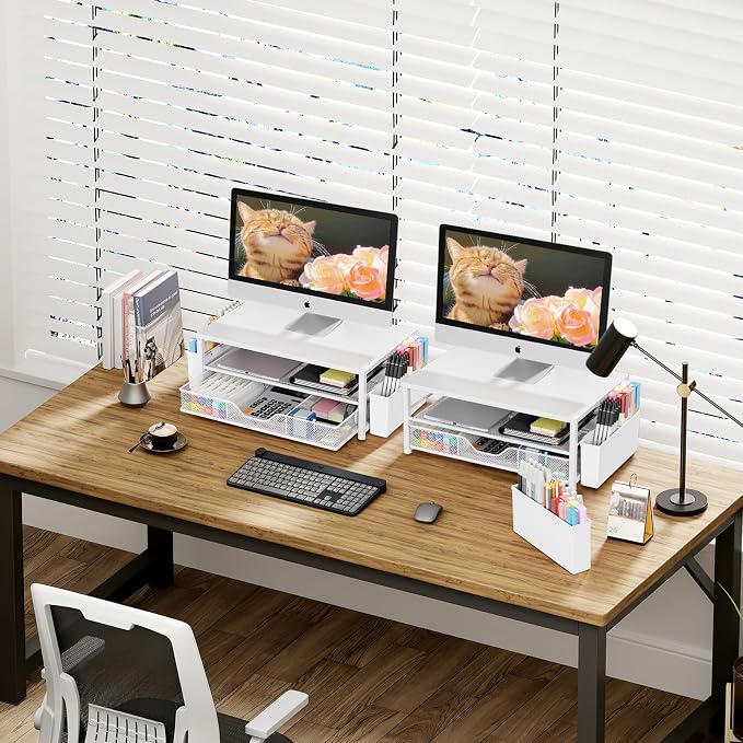 OPNICE Desk Organizers and Accessories, 2-Tier Computer Monitor Stand Riser with Drawer and 2 Pen Holders, Laptop Stand, Office Desk Accessories for Office Supplies, White Wood