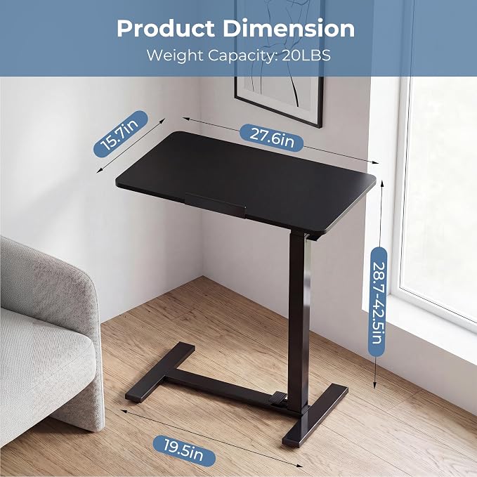 DUMOS Adjustable Overbed Bedside Table with Hidden Wheels, Mobile Standing Desk with Pneumatic Lift, Portable Computer Workstation Cart for Bed, Couch, Office, Sofa, Black