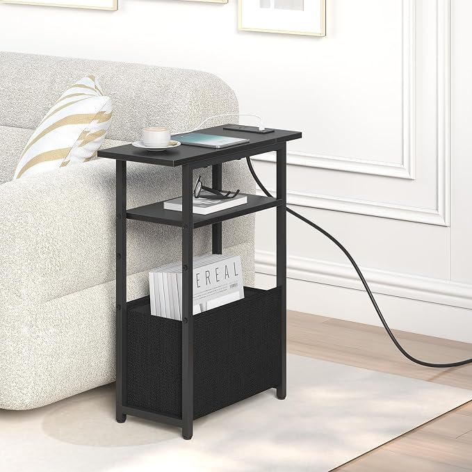 sthmec Narrow Side Table with Charging Station Set of 2, Small End Table for Small Spaces, Skinny Nightstands Set 2 with Storage Basket, 3 Tier Sofa Bedside Tables for Living Room,Bedroom, Black