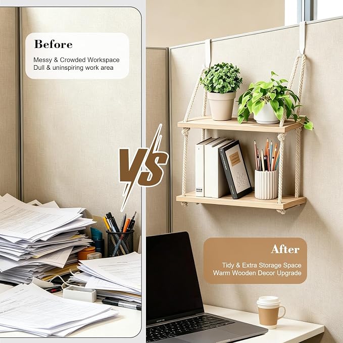 2 Tier Cubicle Shelf for Fabric Wall with Hooks,11.8 Inch Wodden Hanging Shelf with Cotton Rope Organizer Hanging Office Cubical Accessories for work,Boho Style Decor for Women Men Desk Storage