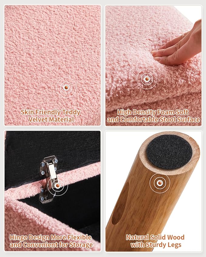YMYNY Storage Ottoman,Small Foot Stool, 15.75"×11.81"×11.02" Pink,HBD042P | Teddy Velvet ,Sturdy Wood Legs, Foot Stool with Padded Seat, For Living Room Bedroom Couch Entryway