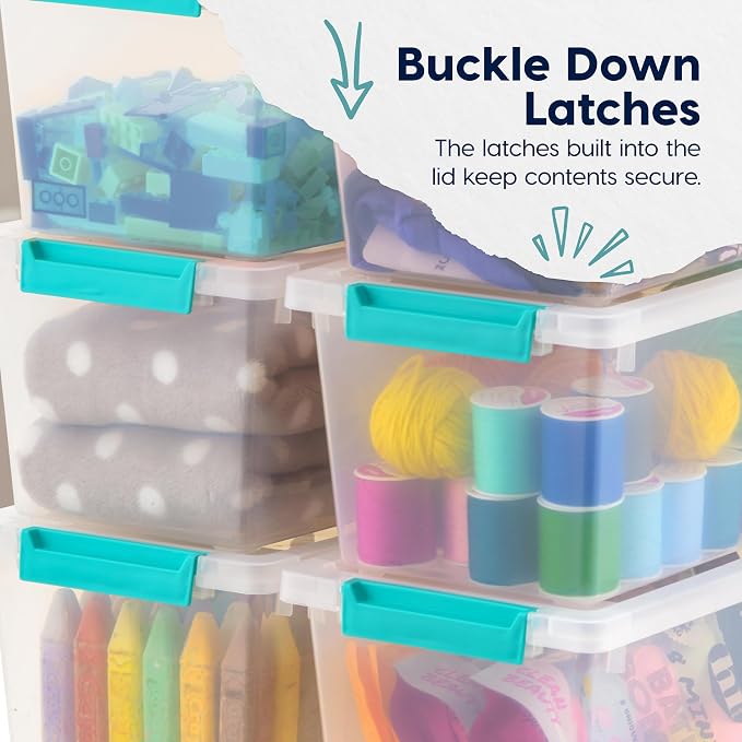 IRIS USA 4 Qt. Craft Storage Bins with Lids, 6-Pack, |Made in USA|, Clip Box, Small Plastic Sensory Bin Tote Organizer Containers for Art Supplies, Paper, & Office, Stackable - Clear/Seafoam Blue