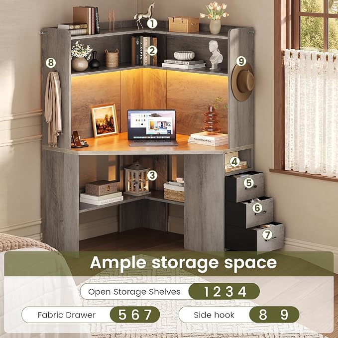 SEDETA 31.5" Small Corner Desk, Farmhouse Corner Desk with Hutch & 3 Drawers, Corner Desk for Small Space, Small Corner Computer Desk with Storage Shelves & LED Lights for Home Office, Grey