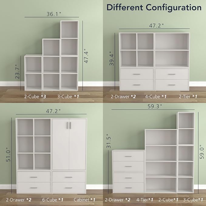 Homes: Inside + Out Apexa 2-Cube Storage Organizer Shelves, Stackable Wood Bookcase Fits Cubby Bins for Organization, Dorm Teen Room Decor & Home Office, White