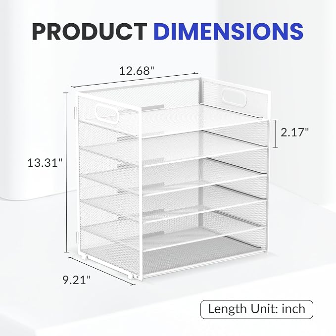 Daltack 6 Tier Paper Organizer for Desk, Paper Letter Tray Organizer for Desks, Mesh Desk File Organizers with Handle for Office, Home, School, White