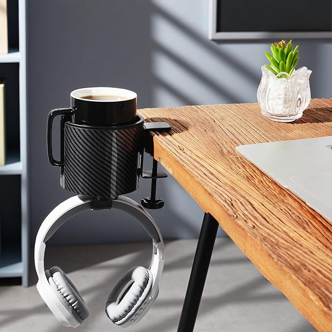Luxury 2-in-1 Anti-Spill Cup Holder with Under Desk Headphone Hanger (Racing Carbon Edition)