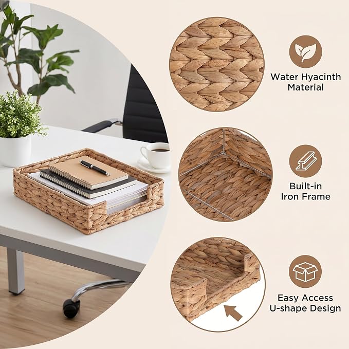 Set of 2 Letter Tray Water Hyacinth,Desk Organizer for Office Supplies | Desk Tray Organizer for A4 Paper, Magazine, Jewelry Cosmetics, Paper Holder Storage Basket for Office, School, and Workspace