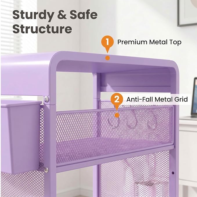 ECOLOVI 3 Tier Printer Stand for Under Desk, Height Adjustable Shelf Small Printer Table with 3 S-Hooks & Basket, Heavy Duty Industrial Storage Shelf for Home Office (Purple Metal)