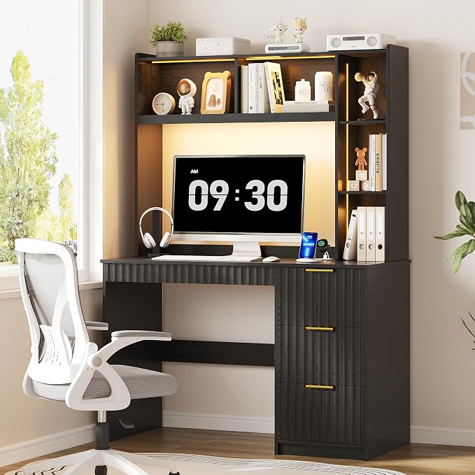 40" W Fluted Study Desk with Hutch and Storage Cabinet, Computer Desk with Power Outlet & LED Lights, Home Office Desk with Card-Based Lock for Study, Bedroom, Living Room, Retro Black