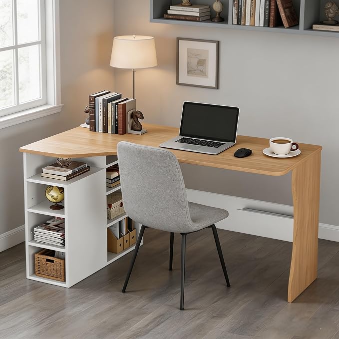 IDEALHOUSE L Shaped Desk with Storage Shelves, Small Corner Desk for Small Spaces, Reversible Table with 3 Tier Shelves, Home Office, Writing Study Gaming Desk Oak Wood