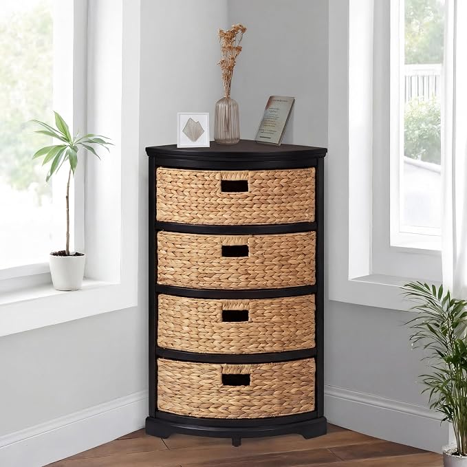 eHemco Hampton Meadows 4 Tier X-Side Corner Table Storage Cabinet with 4 Wicker Baskets, Black, 32.2 Inches High, 14 Inches Wide