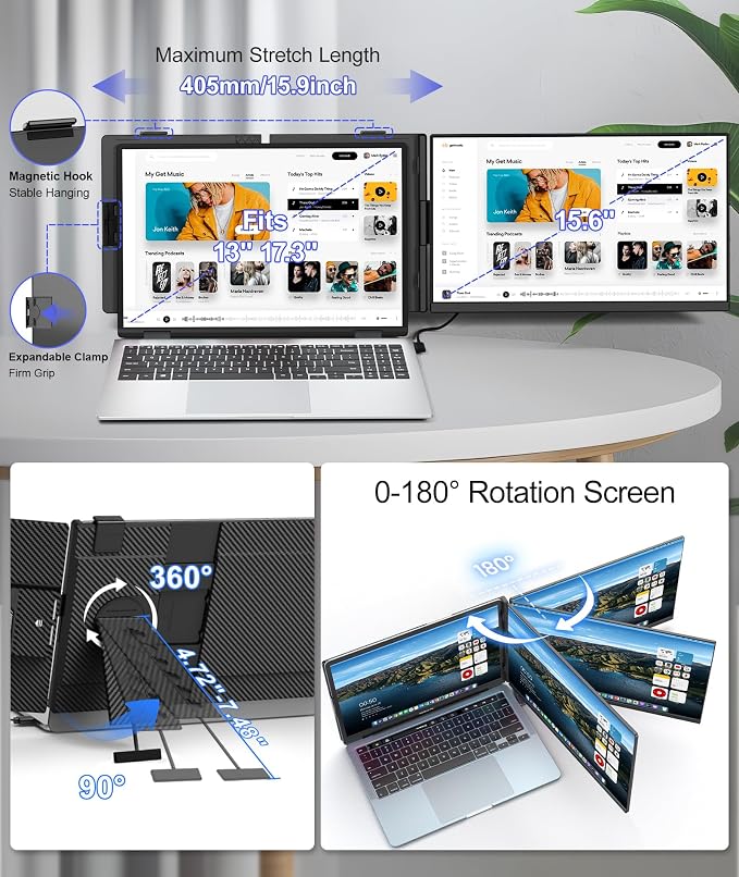 ZUMWALT 15.6" Laptop Screen Extender, 1080P FHD Detachable Laptop Monitor Extender, Dual Monitor for 13-17" Laotop, Plug and Play Portable Monitor Compatible with Mac/Windows/Android/Chrome/PS5