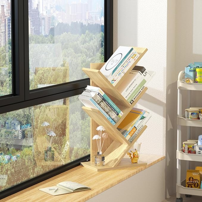 SHEEPAM 5 Tier Tree Book Shelf, Small Desktop Bookshelf with Storage Organizer, Wood Bookcase, Desk Display Bookshelves, Floor Standing Organizer Bookcases for Living Room,Bedroom,Office-Natural