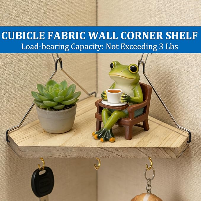 Fabric Wall Corner Shelf with Hooks, 2PCS Wooden Cubicle Organizer Storage Shelf with Hangers Cubicle Accessories for Women Men Desk Work/Office Decor - Space Saving - No Drill Istall