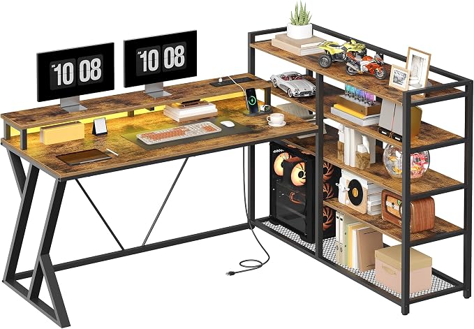 RALGEND L Shaped Gaming Desk with Bookshelf, 52'' Reversible Computer Desk with LED Light & Power Outlet, Corner Desk with Storage Shelves and Monitor Stand for Home Office, Rustic Brown