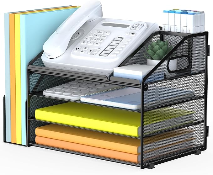DocNest 4 Tier Paper Letter Tray File Organizer, Mesh Desk File with Handle, Workspace Desk Organizers with Pen Holder, Office Organization Storage Accessories - Black