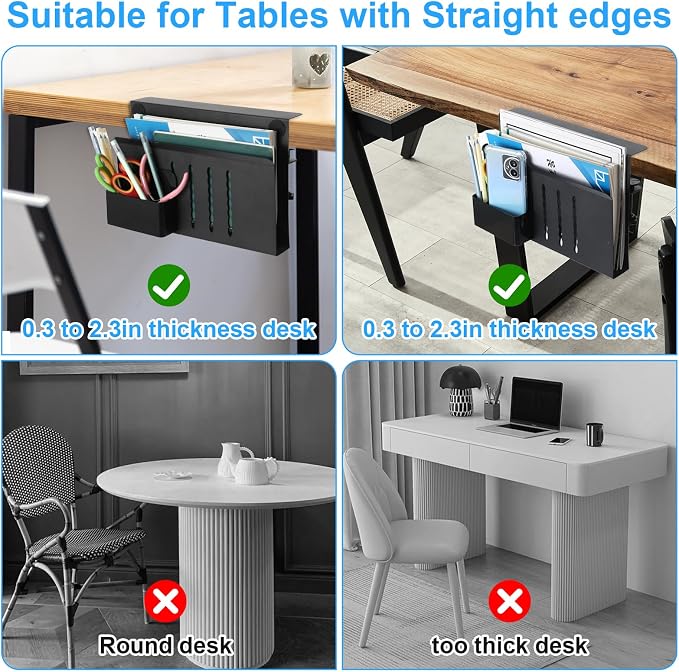Desk Side Storage, No Drill Laptop Holder with Magnetic Pen Organizer, Clamp On Under Desk Mount for Home Office, Fits Flat Edge Tables 0.3" to 2.8"