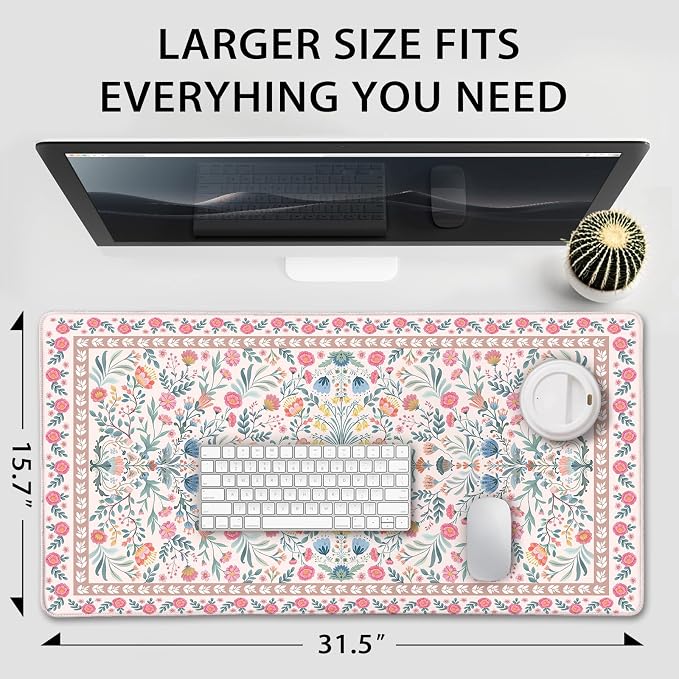 Pink Floral Desk Mat 31.5"x15.7", Extra Large Mouse Pad with Non-Slip Rubber Base, Waterproof Desk Blotter with Stitched Edges, Smooth Computer Mat for Home Office Desk