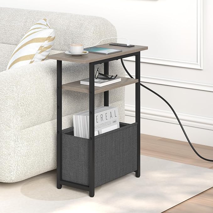 sthmec Narrow Side Table with Charging Station, Small End Table for Small Spaces, Skinny Nightstands with Storage Basket, 3 Tier Sofa Couch Bedside Tables for Living Room,Bedroom, Grey