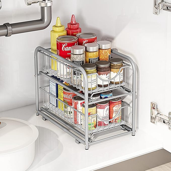 under sink storage 2 Tier Stackable Sliding Basket Organizer Drawer For Kitchen And Bathroom/Cabinet Drawers,silver