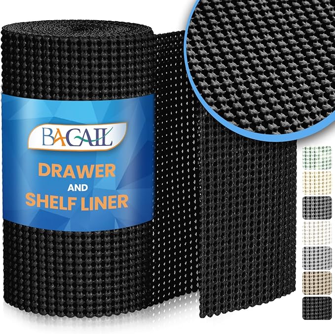 BAGAIL Non-Adhesive Shelf Liner, Thick Strong Grip Drawer Liners for Kitchen Cabinets, Heavy-Duty Easy Cut Cabinet Liners for Shelves, Pantry, Bathroom Cupboards - 12" x 10FT, Black