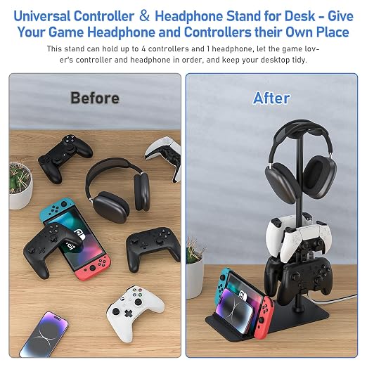 MANMUVIMO Headset Stand Controller Holder for 1 Headset and 4 Controller, Headphone Game Controller Stand for Desk, Gamer Gifts, Organizer Rack for iPad/Mobile Phone, Gaming Room Accessories
