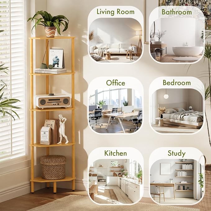Corner Shelf, 5 Tier Bamboo Corner Bookshelf, 54" Tall Narrow Bookcase, Plant Stand, Corner Display Rack, Shower Caddy, Display Standing Shelf Organizer for Bedroom, Living Room, Kitchen, Home Office