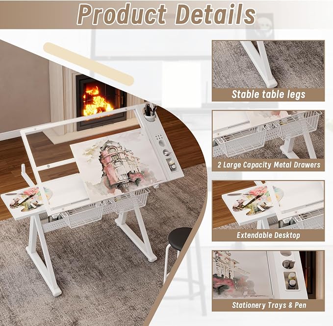 Hand Crank Adjustable Drafting Table with Tempered Glass Top, Height Adjustable Art Drawing Desk with Metal Drawers, Slide-Up Pencil Ledge & Stool, Drafting Desk for Home Studio Office