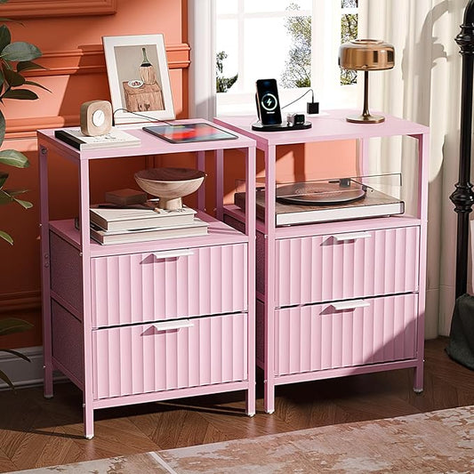 VINGLI Night Stand Set 2 with Fabric Drawers, Pink Nightstands with Charging Station, Fluted Nightstand Pink Bedside Table/Side Table for Bedroom, Night Stand Small with Charging Station for Kids Room