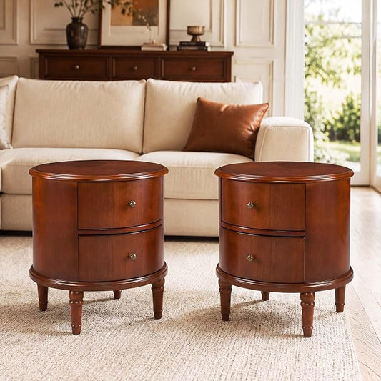 Set of 2 Storage Side End Table with 2 Drawers and Pull-Out Shelf, Small Sofa Side Table Living Room No-Tools Assembly, Solid Wood Narrow Beside Tables 11.8”W x 21.6”L x 22.9”H, Brown,BG-A1359-MG