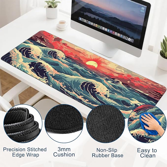 Gaming Desk Mat with Silky Smooth Surface & Exquisite Patterns,31.5x11.8 Inches Large-Sized Mouse Pad, Perfect for Extended Gaming,Work,and Home Office Decor (Japanese Waves 1)