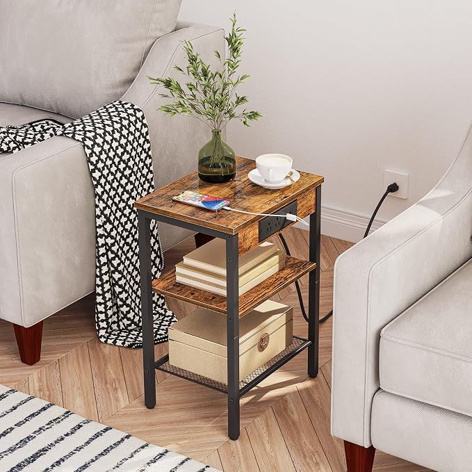 HOOBRO Side Tables Set of 2 with Charging Station and USB Port, Small End Tables for Small Space, 3-Tier Nightstands with Adjustable Shelf, for Living Room, Bedroom, Rustic Brown BF112BZP201
