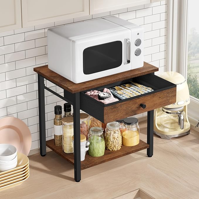 Gewudraw Printer Stand with Storage Drawer, 2-Tier Under Desk Printer Table, Shelf for Home Office, Living Room, Bedroom, Bathroom,Brown