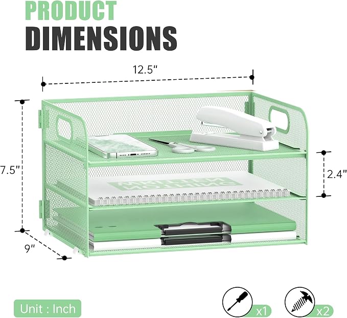 DALTACK 3 Tier Paper Organizer with Handle, Mesh Metal Desk Organizer with Sliding Paper Trays for Letter/A4 Paper, Mail, Bills & Folders, Mint Green