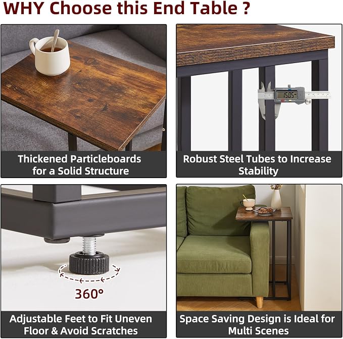 Aibiju Side Table Small End Table C Shaped, Slide Under Laptop Desk for Couch, Living Room Side Table, TV Trays for Eating on Couch, Rustic Brown+Black YD-TM051HB-2