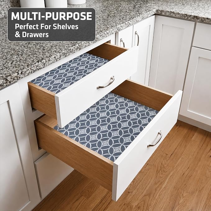 Drymate Premium Luxury Shelf & Drawer Liner, Thick Cushioned Fabric, Non-Adhesive, Absorbent, Waterproof, Slip-Resistant, Liners for Kitchen Cabinets, Cupboards (USA Made)(12”x59”)(2-Pack)(IndigoGrey)
