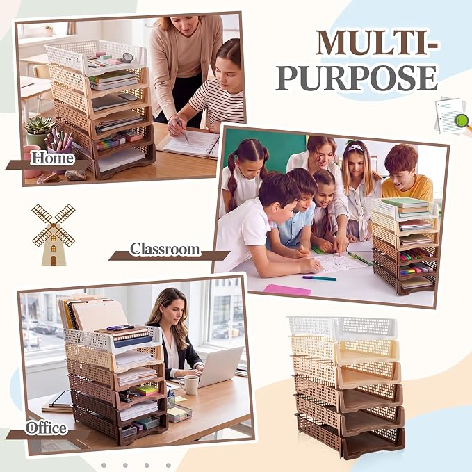 Geetery Set of 6 Plastic Trays for Teachers Turn in Trays Classroom Stackable Paper Tray Plastic Classroom Teachers Desk Letter Organizer Storage Baskets for Office, Desk, Home (Gradient Brown)