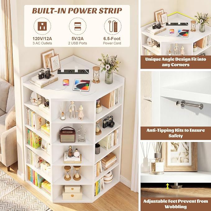 Aheaplus 6-Tier Corner Cube Bookshelf with Power Outlets, Wooden Corner Storage Cabinet with 15 Cubes, Corner Cube Organizer Shelf with Top Table, L Shaped Cubby Bookcase for Home Office, White
