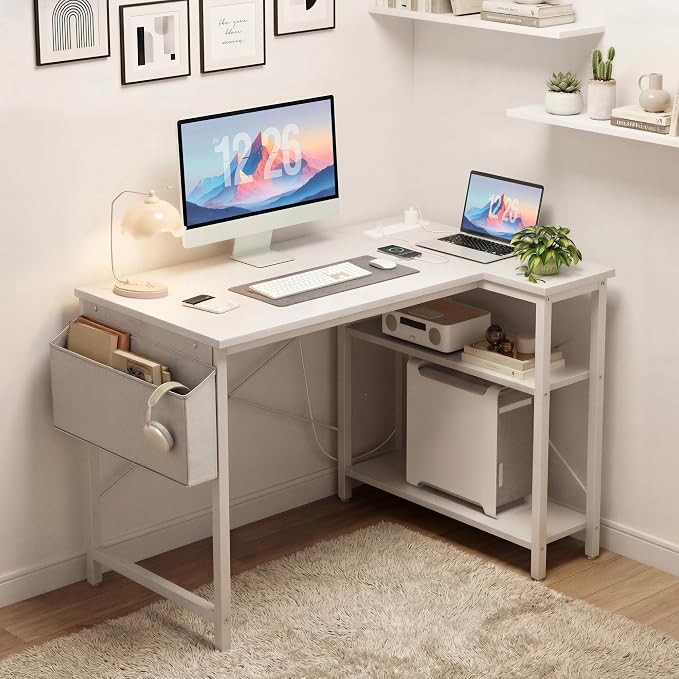 TIQLAB Small Computer Desk with Power Outlets, 40 Inch L Shaped Desk with Reversible Shelves, Gaming Desk Corner Desk Study Writing Desk for Home Office Bedroom Small Space, White