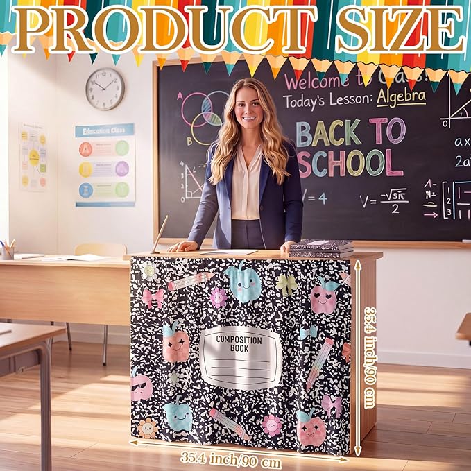 VitalCozy Composition Notebook Table Skirt for Classroom Teacher 35" W X 35" L Desk Skirts Teacher Appreciation Week Back to School Gifts for Kindergarten Classroom Office Bookcase Decoration